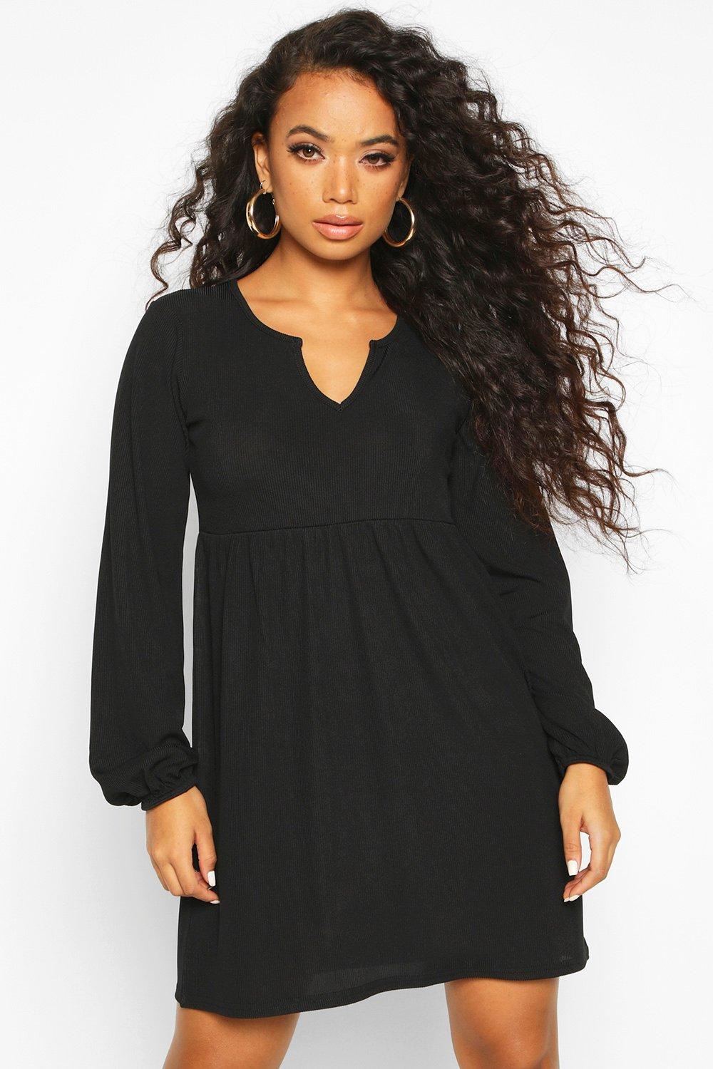 

Petite Blouson Sleeve Notch Neck Rib Smock Dress, Black