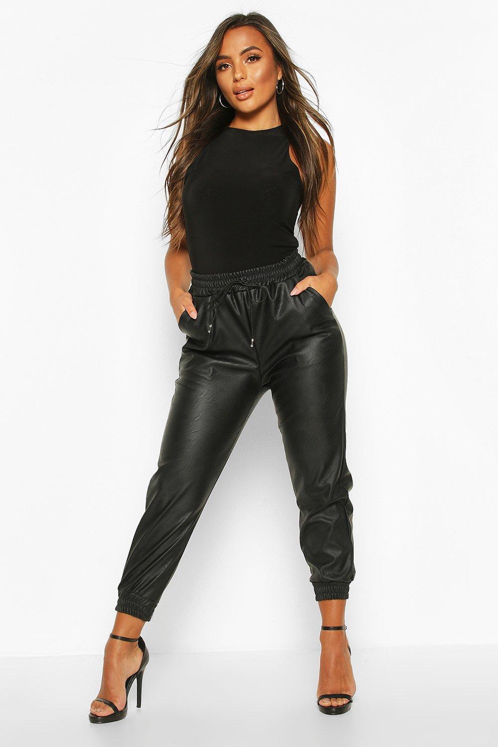 

Petite Faux Croc Leather Joggers, Black