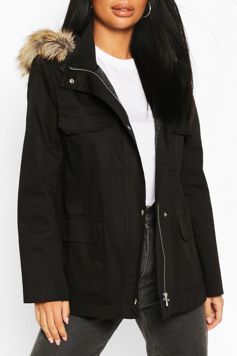 

Petite Faux Fur Trim Utility Pocket Parka Jacket, Black