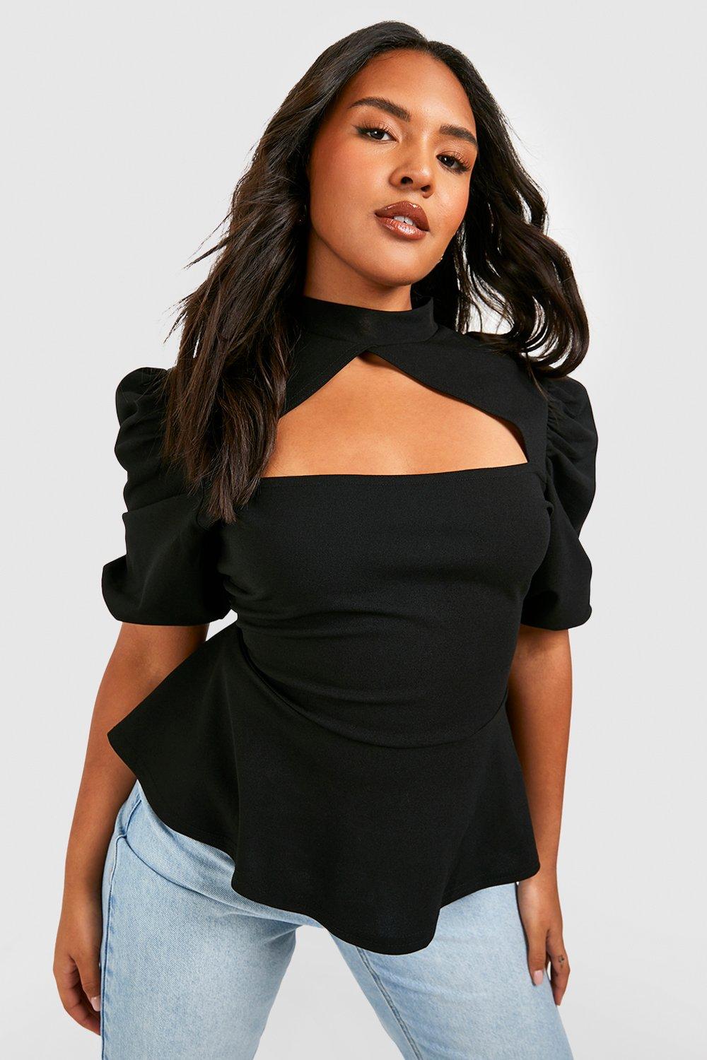 

Plus Choker Cut Out Puff Sleeve Peplum Top, Black