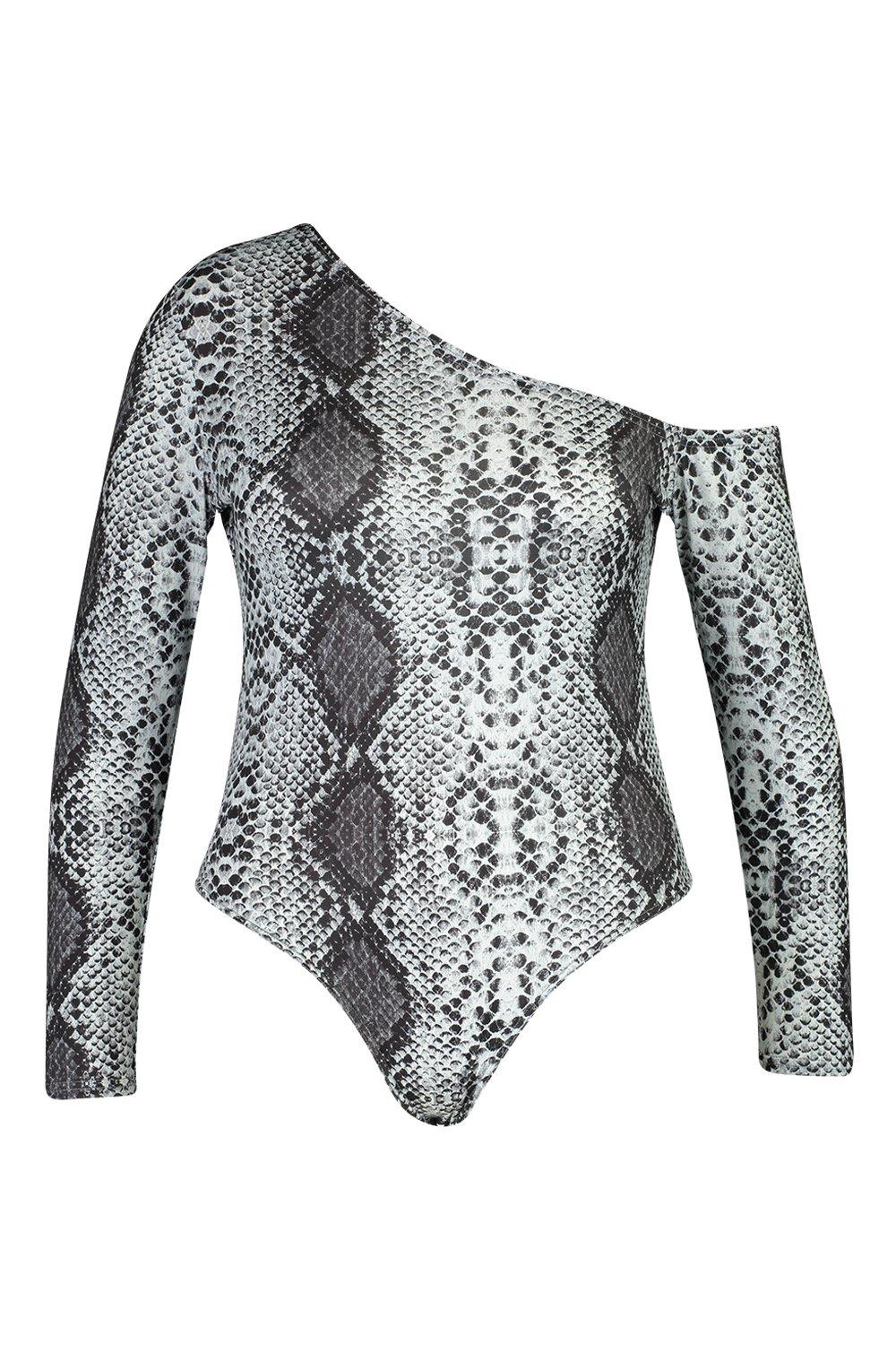 

Plus Asymmetric Snake Print Longsleeve Bodysuit, Grey