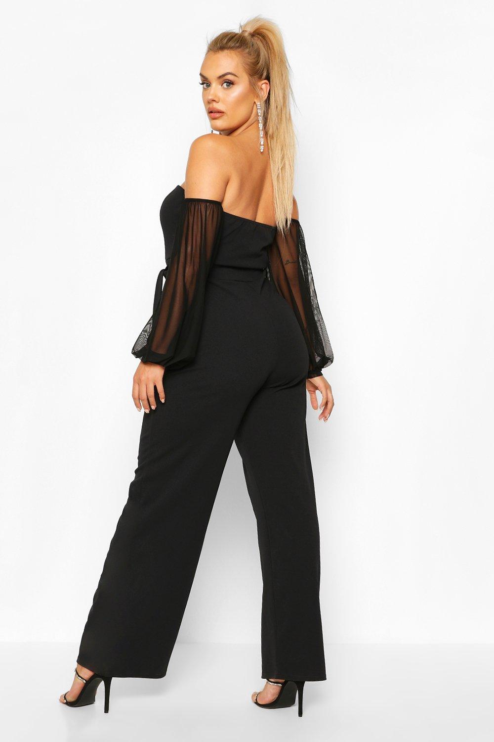 

Plus Bardot Mesh Sleeve Wide Leg Jumpsuit, Black