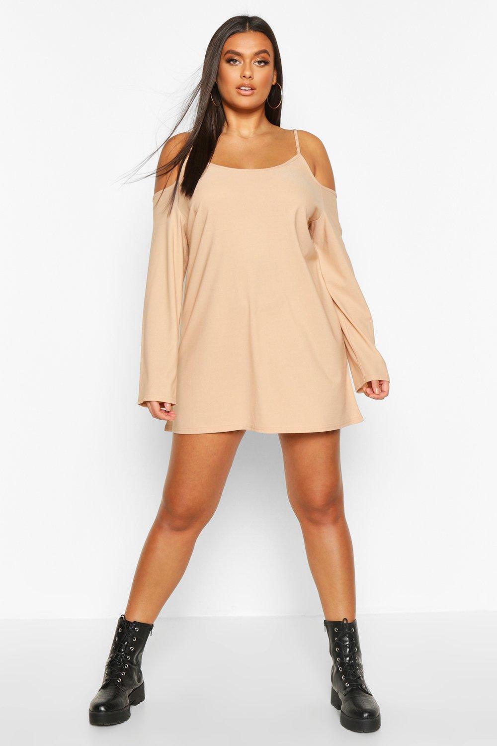 

Plus Cold Shoulder Strappy Long Sleeve Shift Dress, Stone