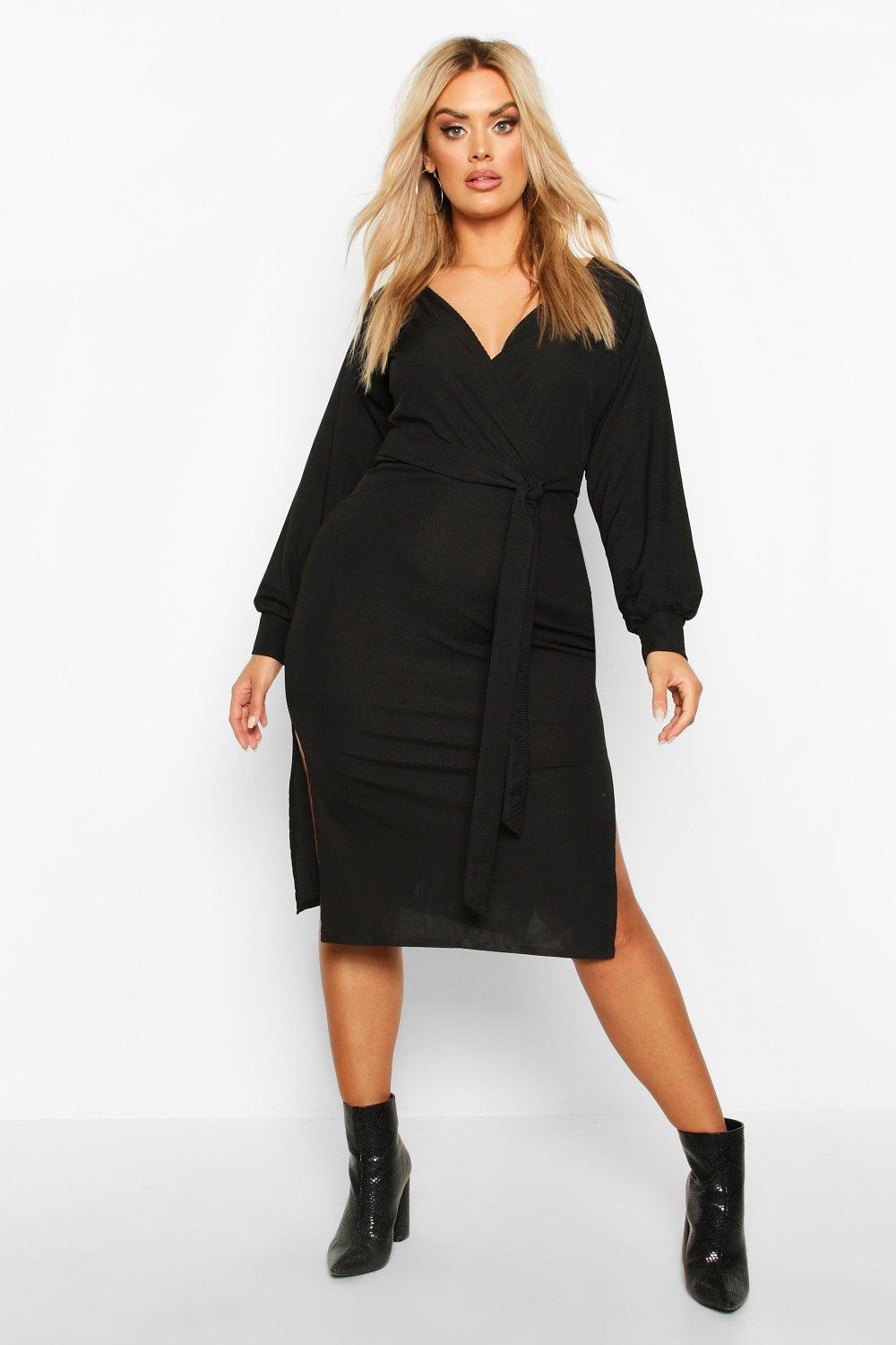 

Plus Wrap Rib Self Belted Midi Dress, Black