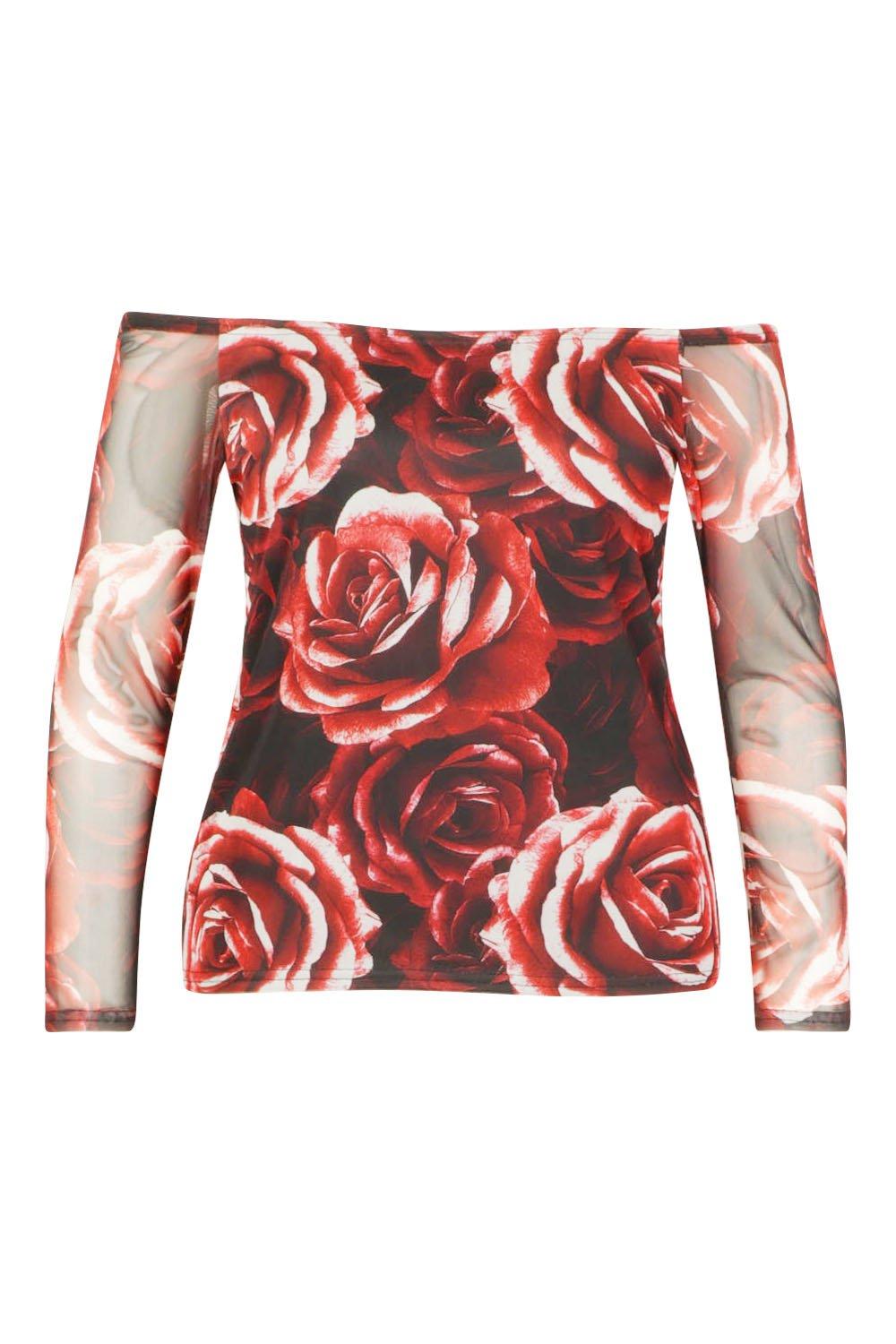 

Plus Dark Floral Mesh Off The Shoulder Top, Black