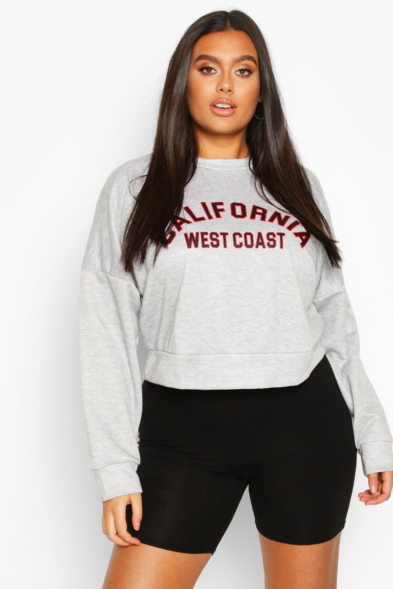 

Plus California Slogan Crop Sweat, Grey marl