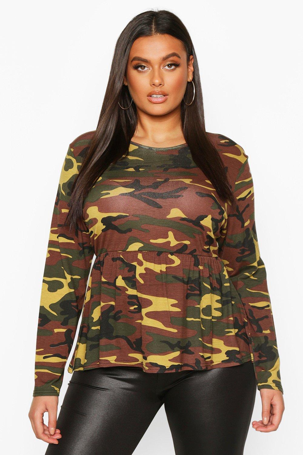 

Plus Camo Print Longsleeve Smock Top, Green