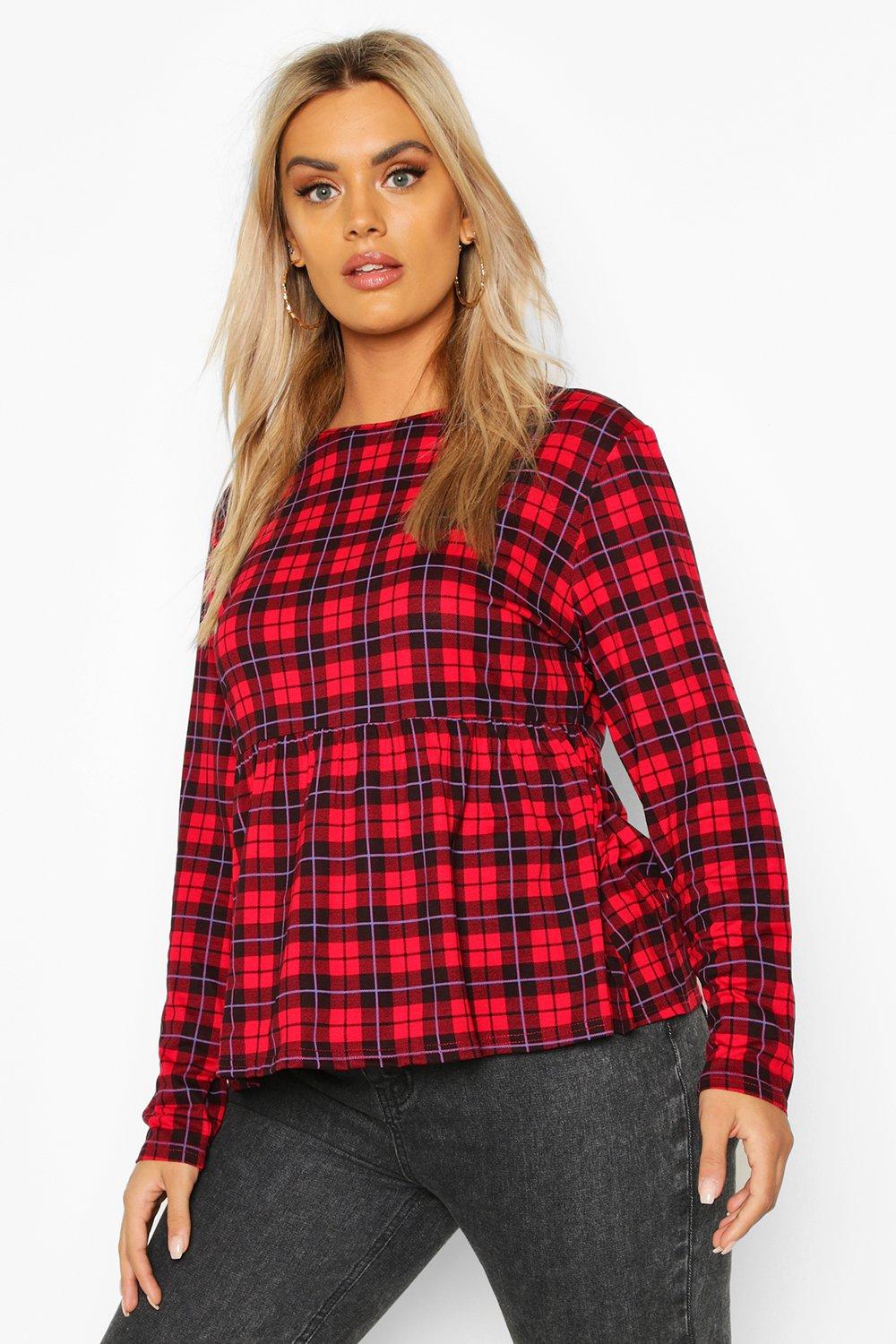 

Plus Tartan Check Longsleeve Smock Top, Red