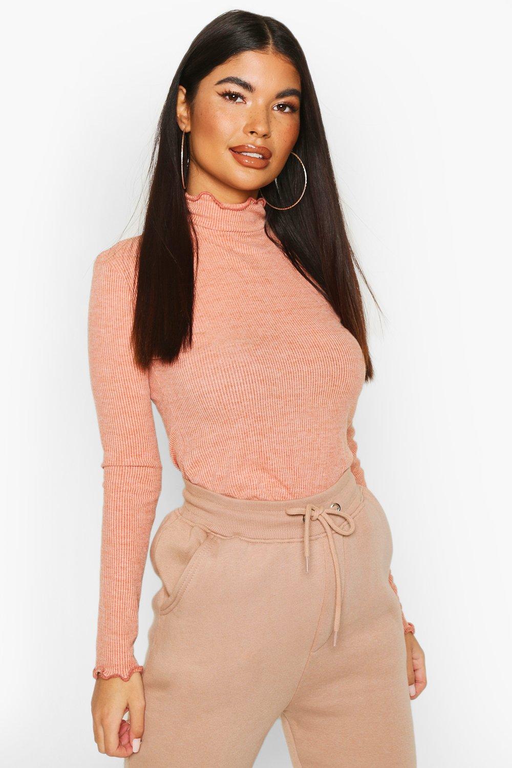 

Petite Frill Hem Knit Rib Bodysuit, Rust