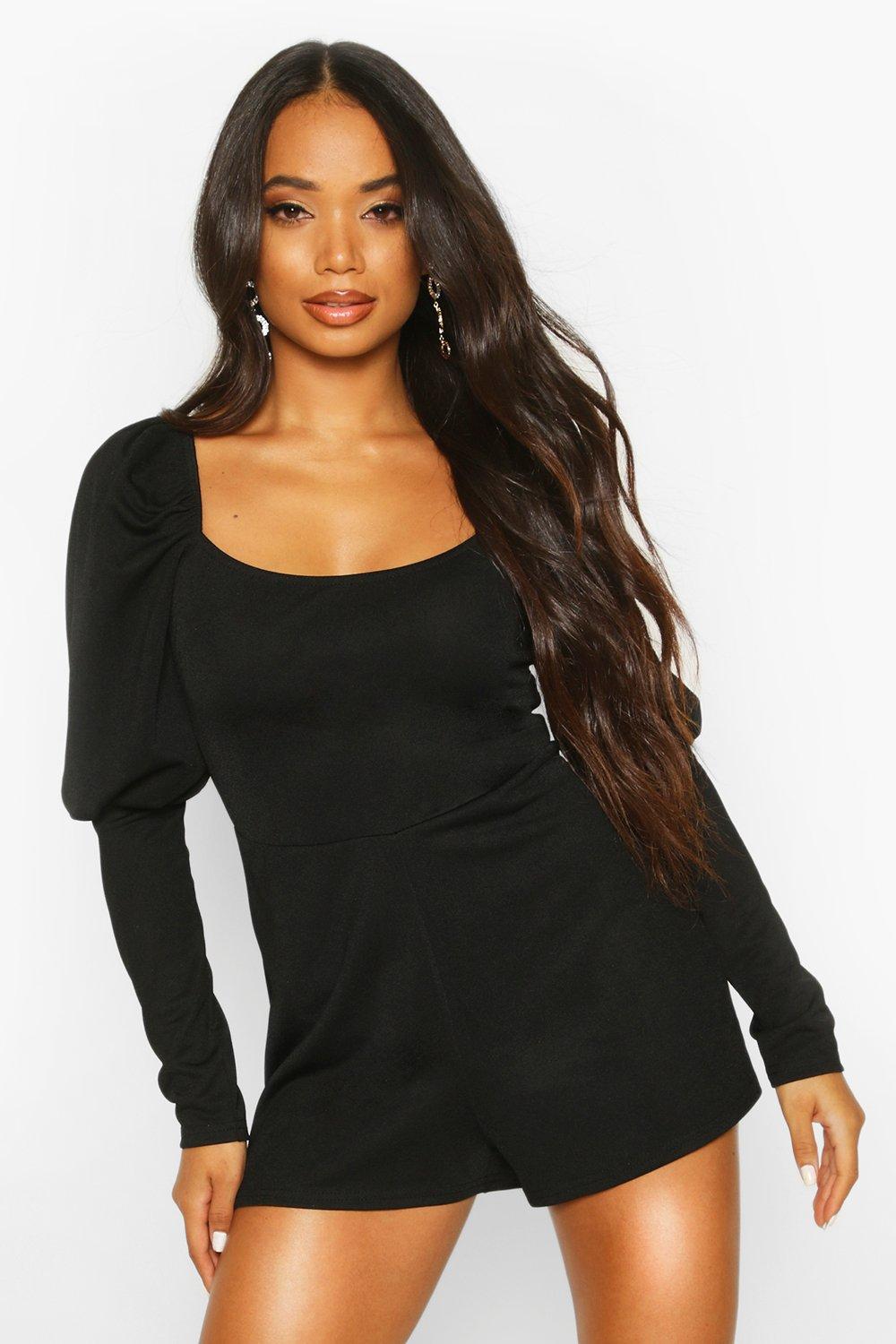 

Petite Puff Sleeve Square Neck Playsuit, Black