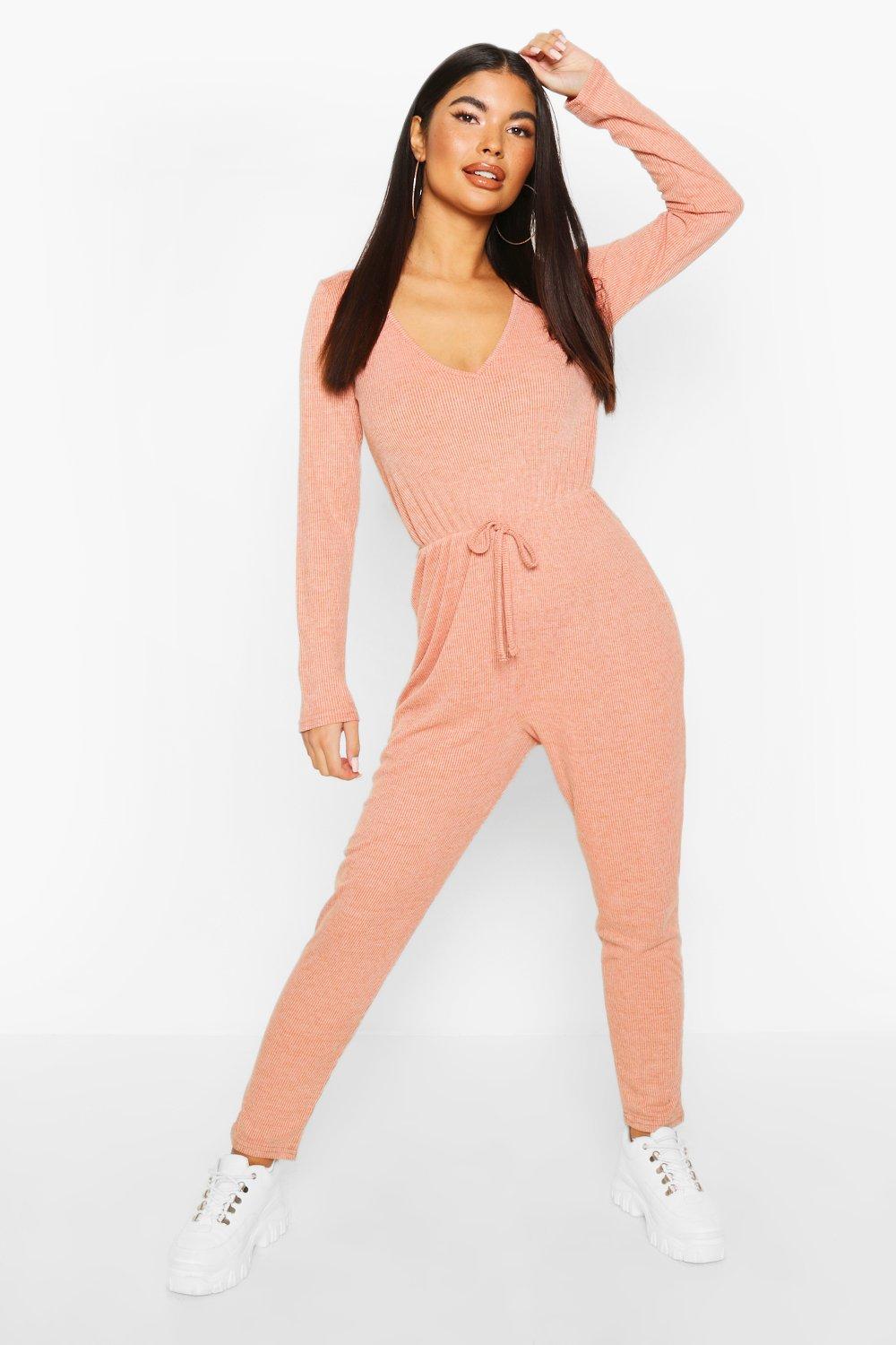 

Petite Knitted Rib V-Neck Jumpsuit, Rust