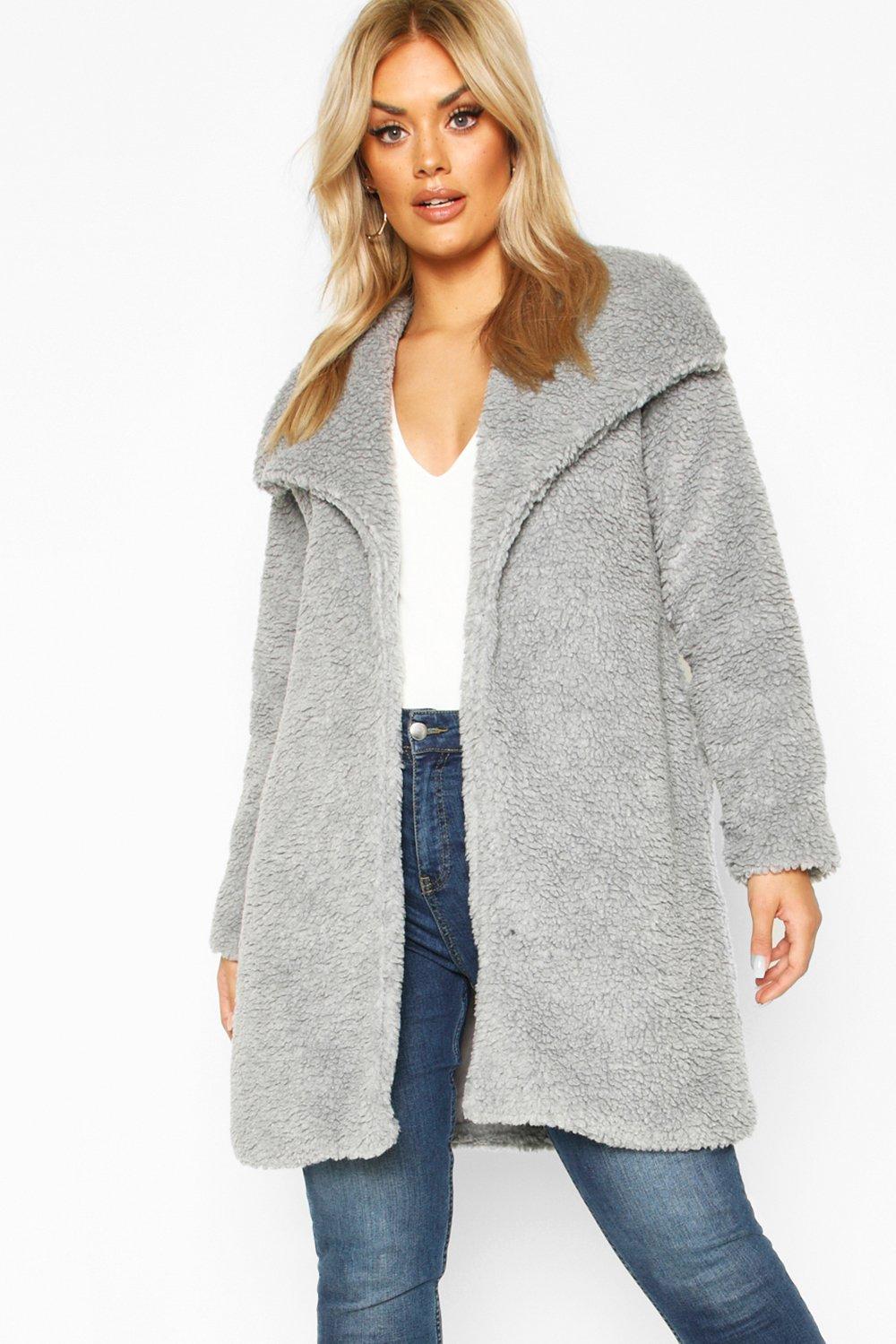 

Plus Shawl Collar Teddy Faux Fur Jacket, Grey