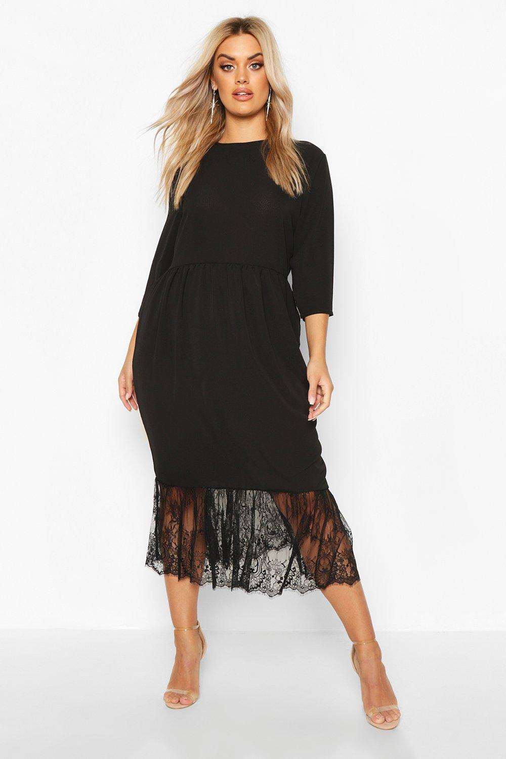 

Plus Lace Hem Ruffle Midi Dress, Black