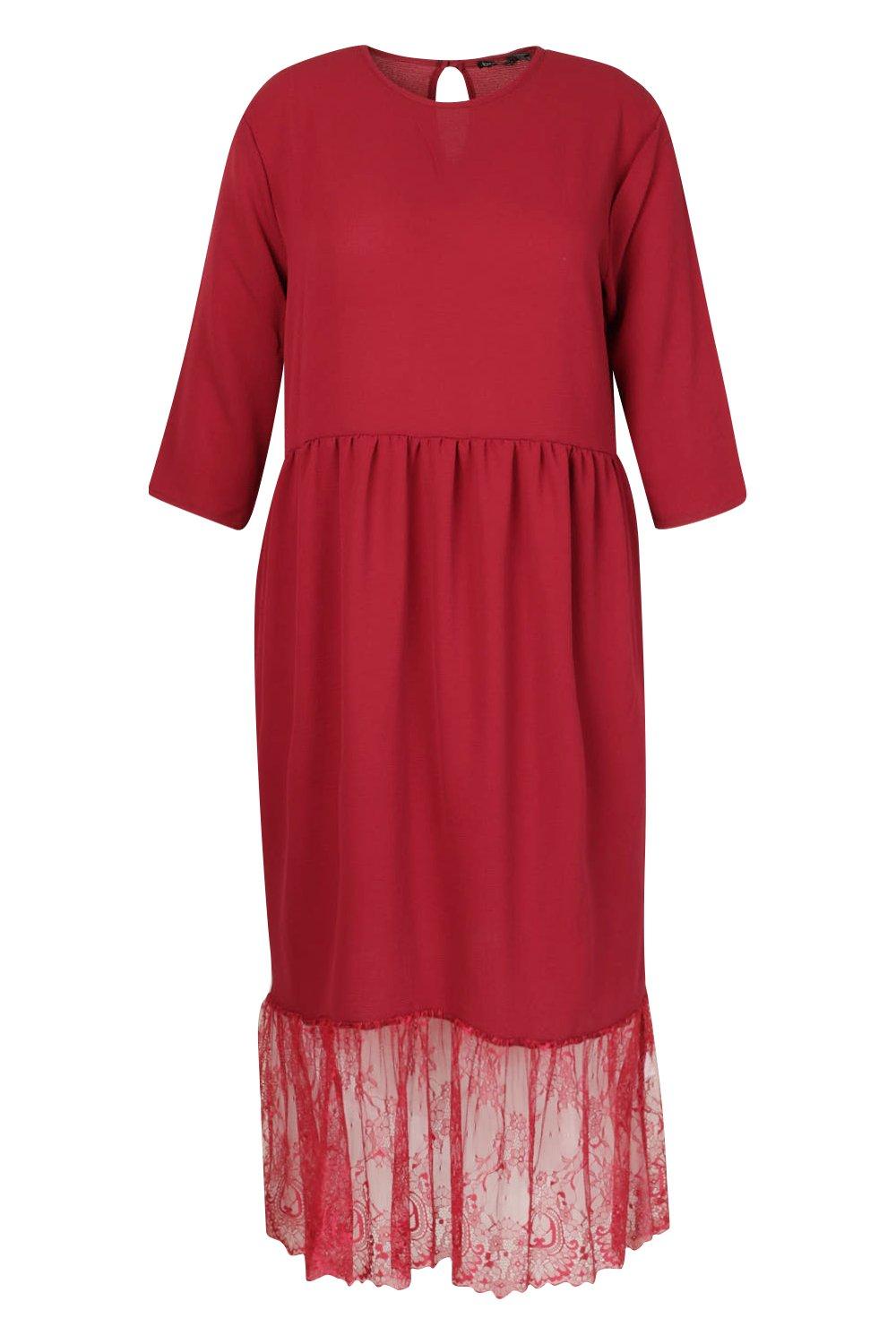 

Lace Hem Ruffle Midi Dress, Wine