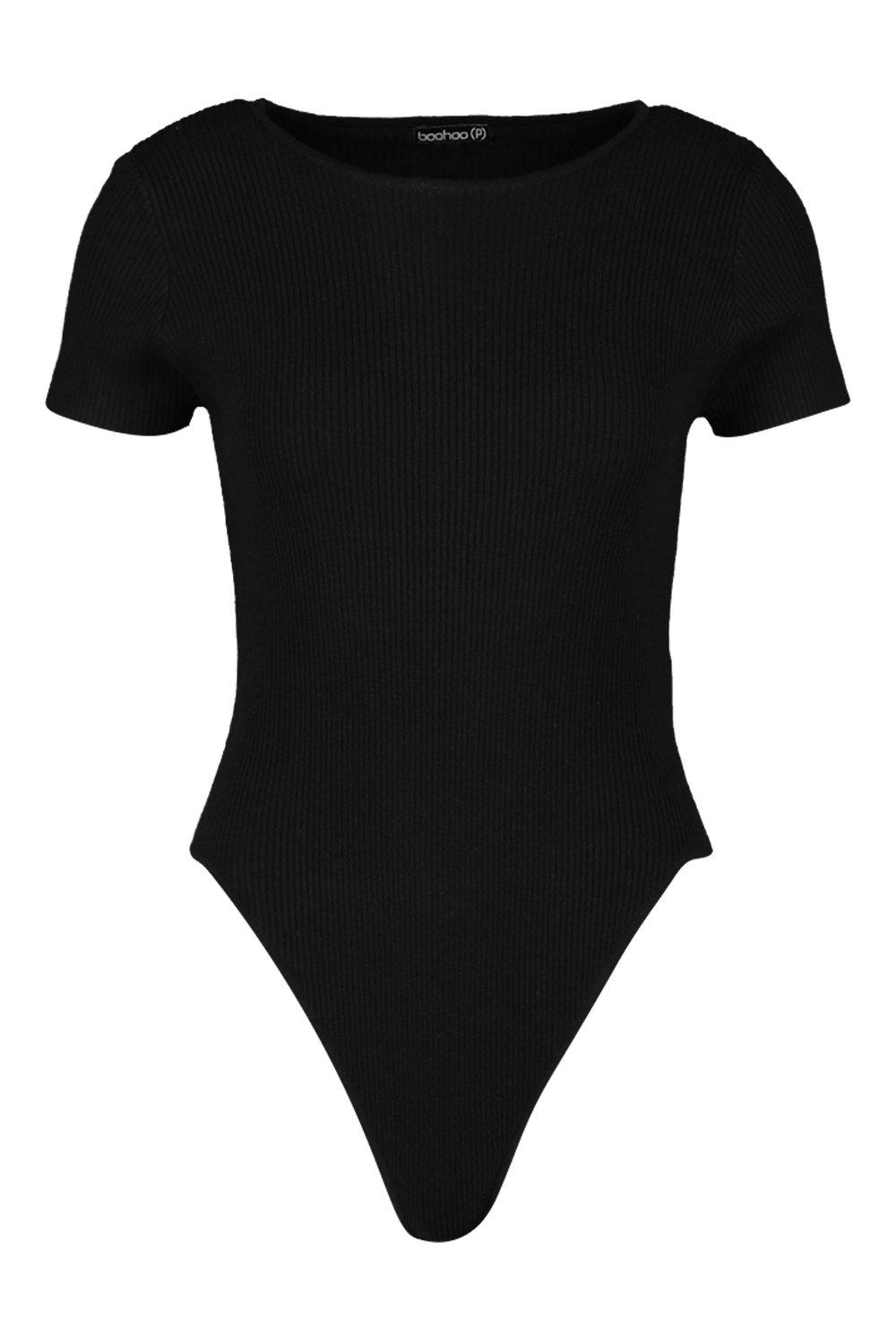 

Petite Short Sleeve Fine Knit Rib Bodysuit, Black