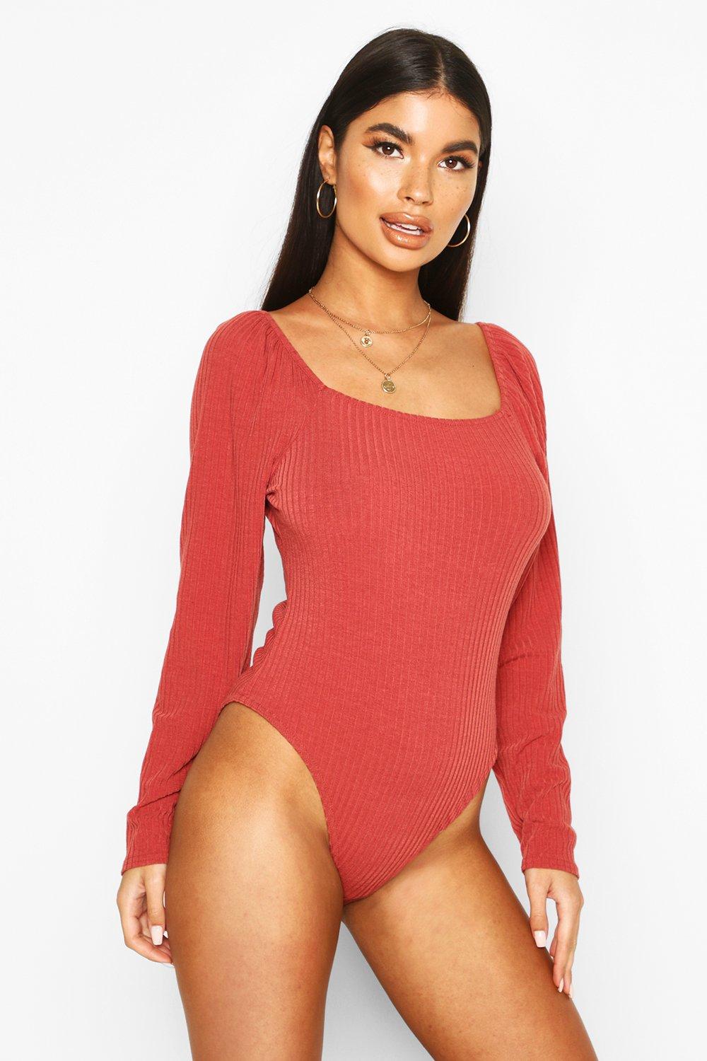 

Petite Square Neck Long Sleeve Knit Rib Bodysuit, Black