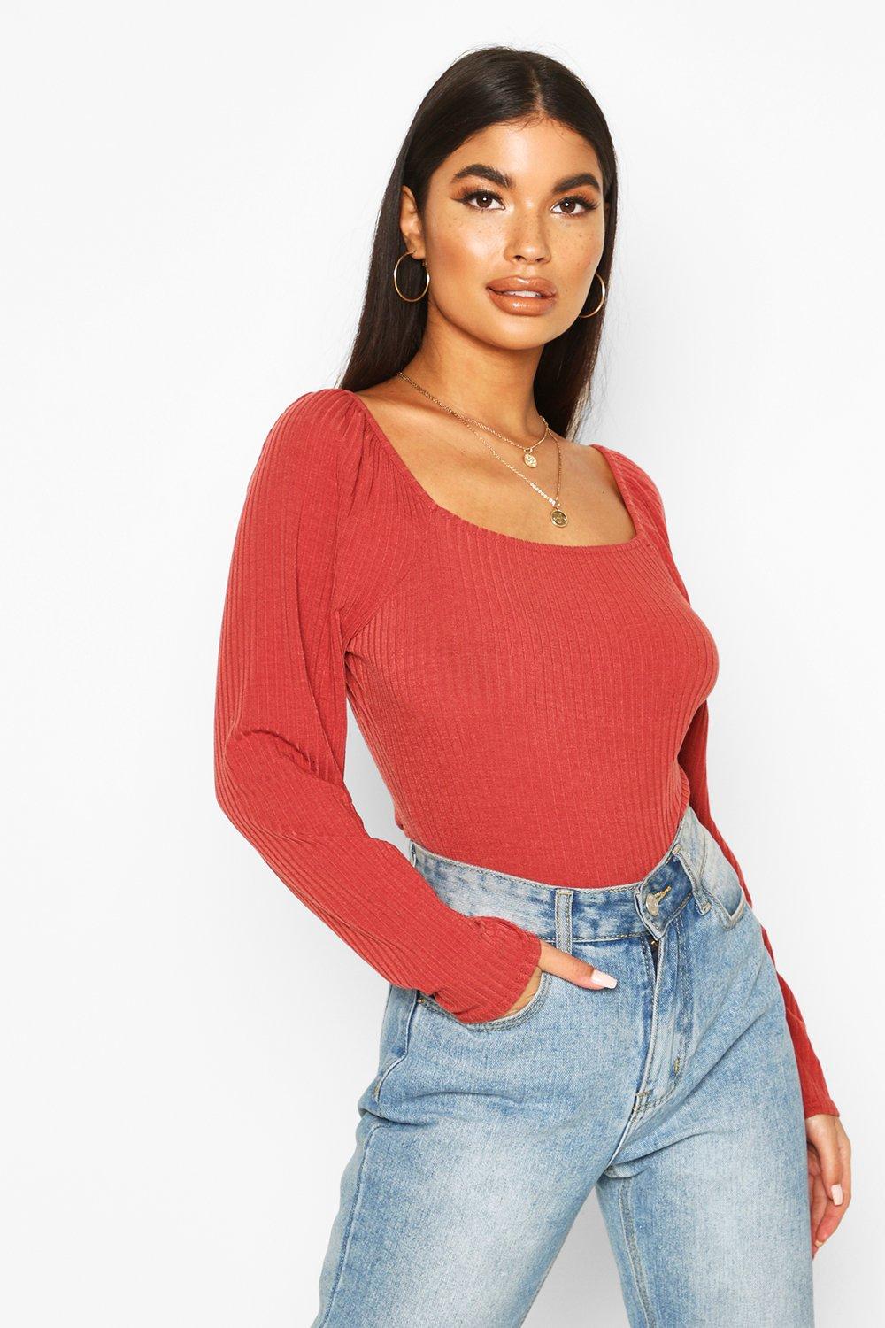 

Petite Square Neck Long Sleeve Knit Rib Bodysuit, Rust