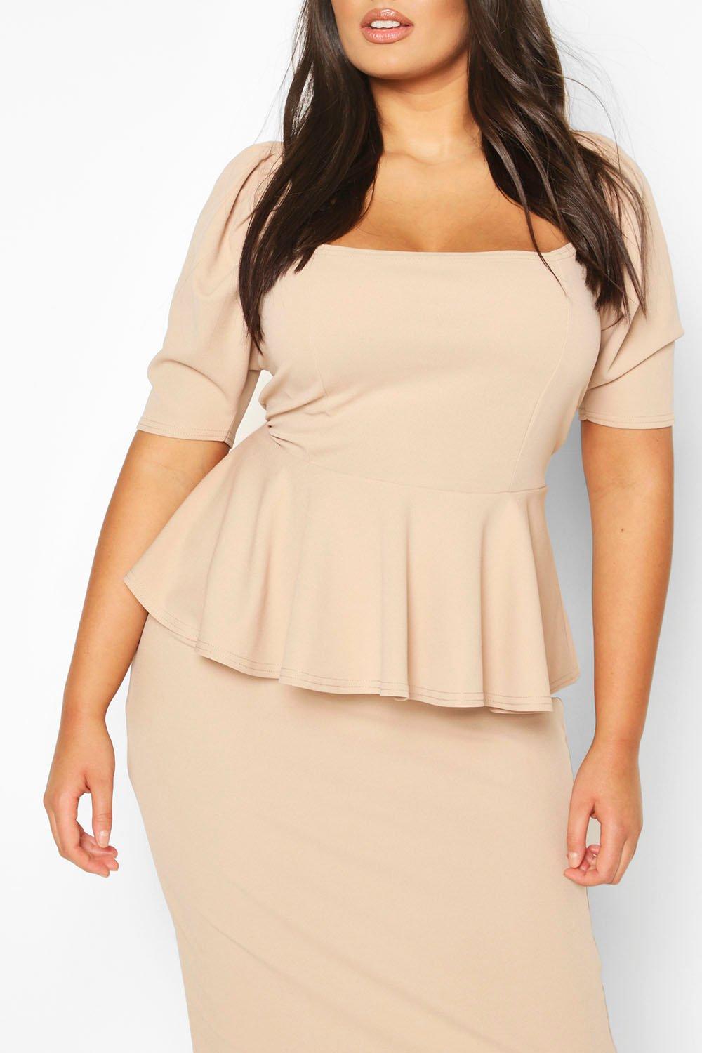 

Plus Peplum Puff Sleeve Midi Dress, Wine