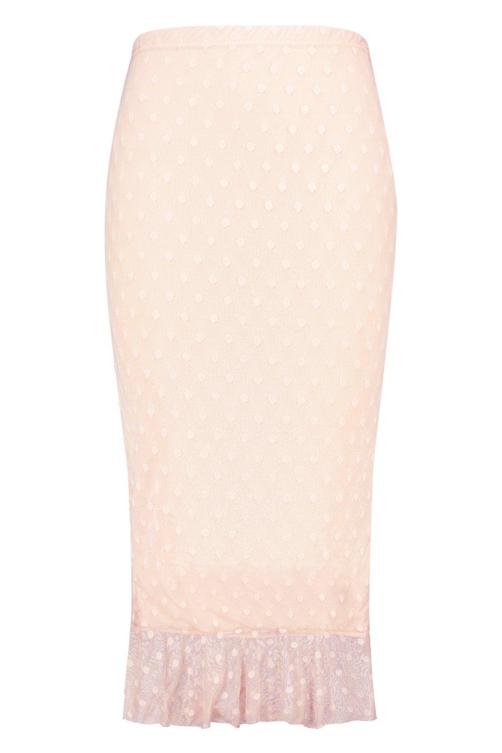 

Plus Dobby Mesh Peplum Frill Midi Skirt, Nude