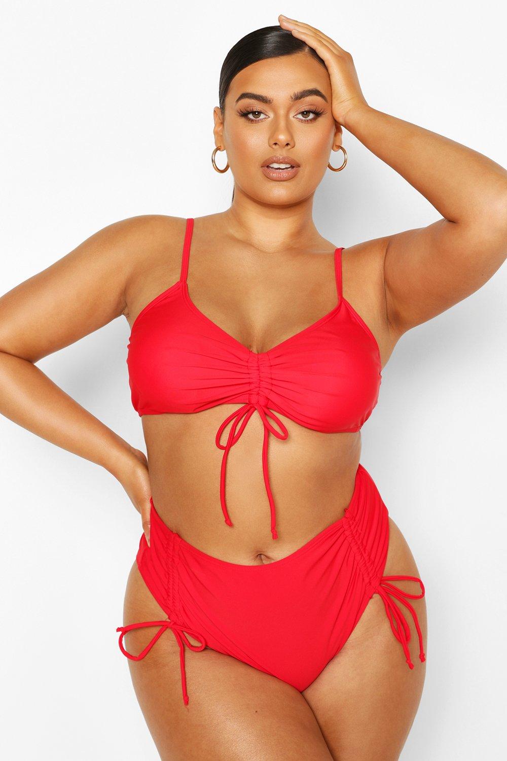 

Plus Ruched Detail High Waist Bikini, Red