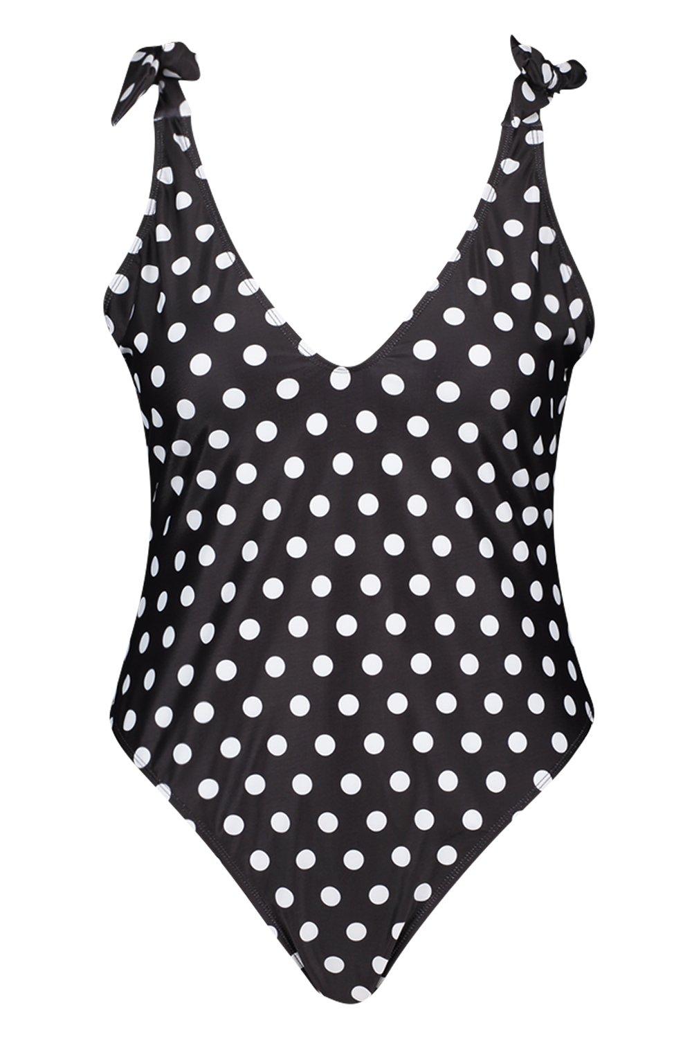 

Plus Polka Dot Tie Shoulder Swimsuit, Black