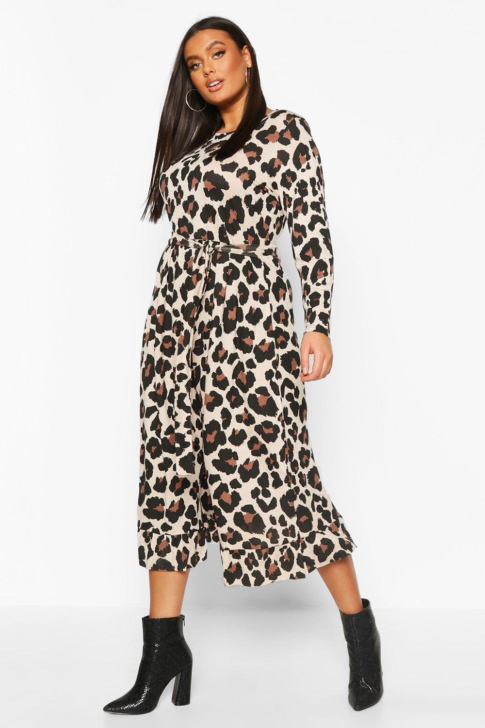 

Plus Leopard Tie Waist Ruffle Midi Dress, Brown