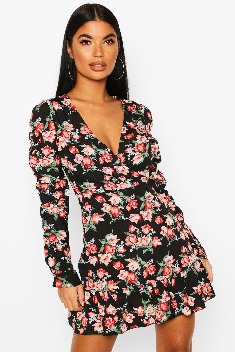 

Petite Floral Ruched Sleeve Frill Hem Mini Dress, Black