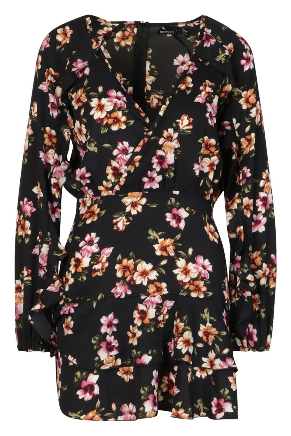 

Petite Floral Frill Sleeve & Hem Wrap Dress, Black