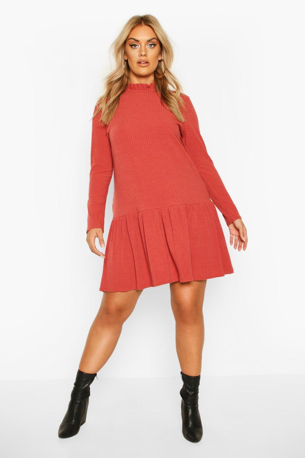 

Plus Ruffle Neck Soft Rib smock Dress, Tobacco