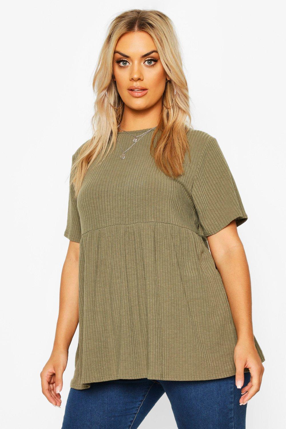 

Plus Rib Knitted Frill Hem Smock Top, Khaki