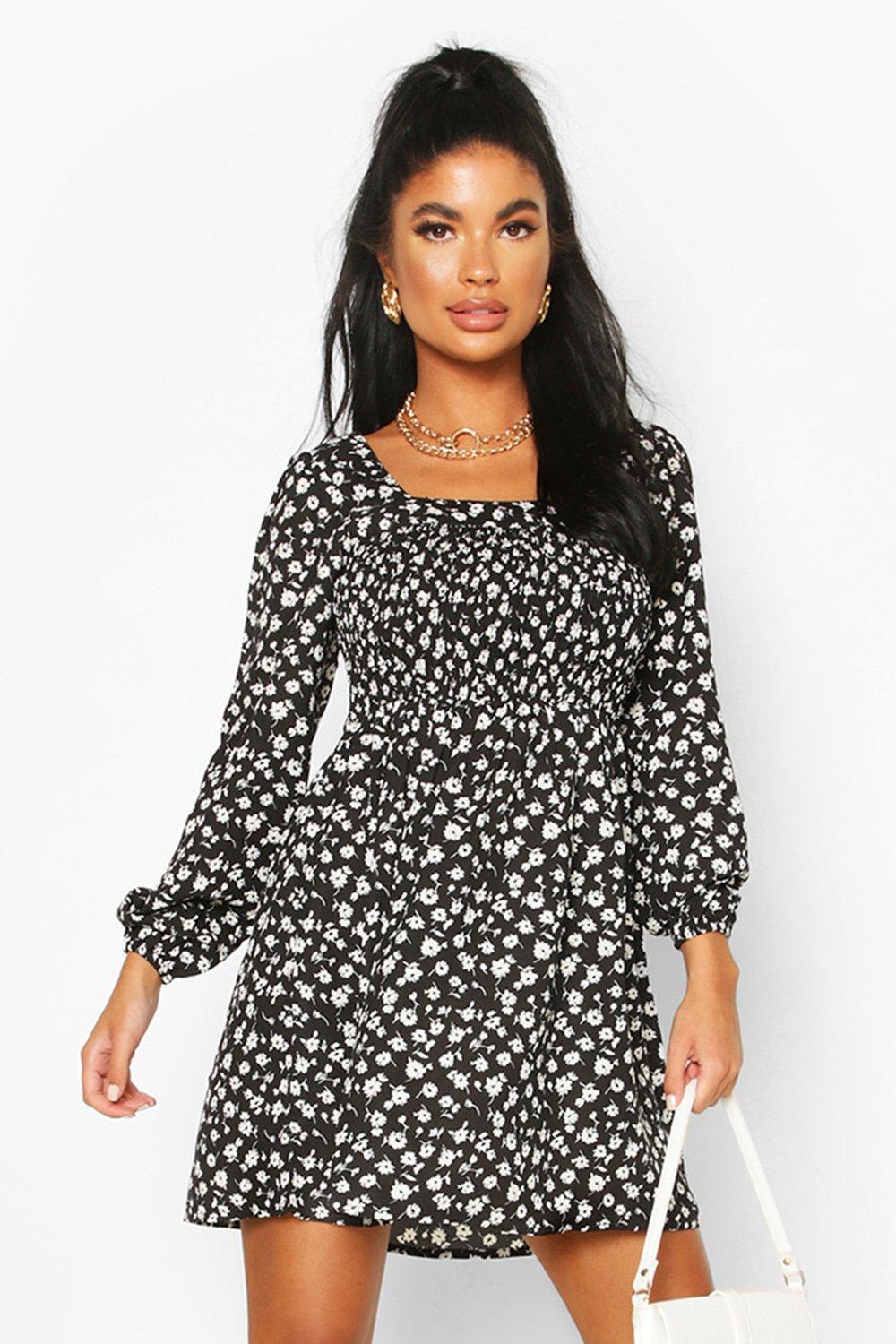 

Petite Floral Square Neck Woven Skater Dress, Black