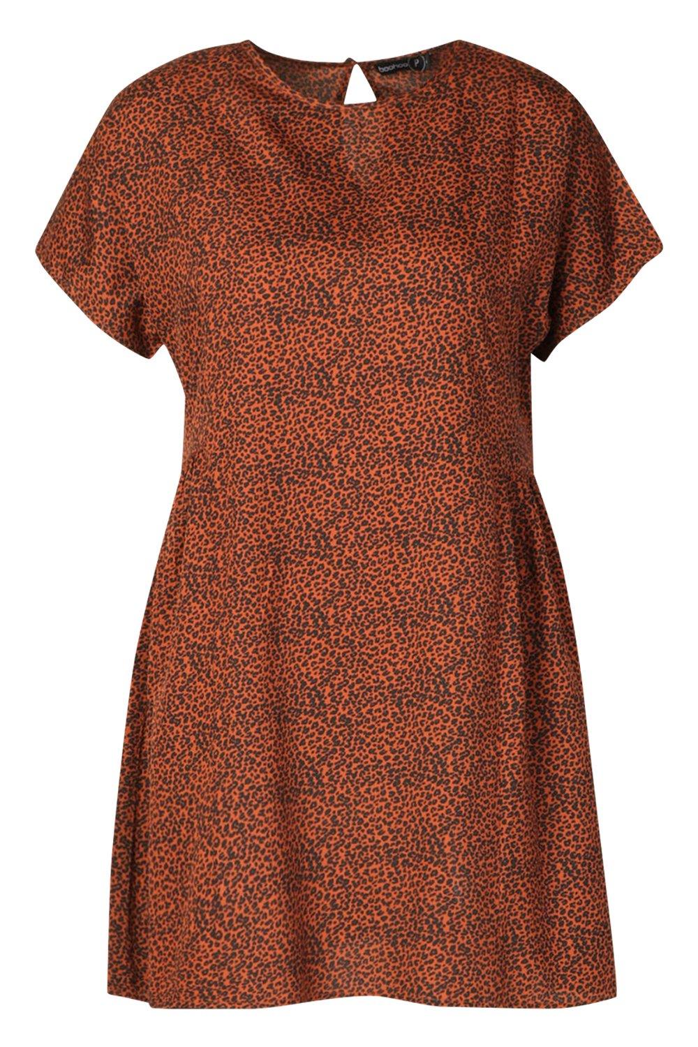 

Petite Short Sleeve Leopard Smock Dress, Rust