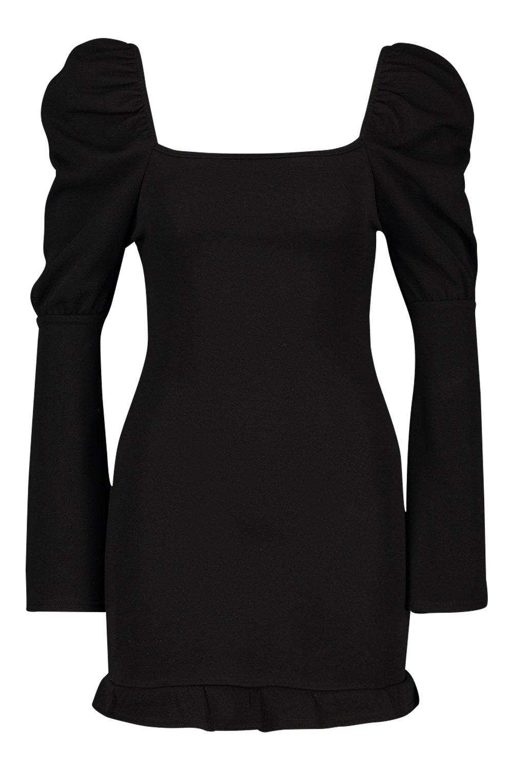 

Petite Puff Sleeve Square Neck Frill Hem Dress, Black