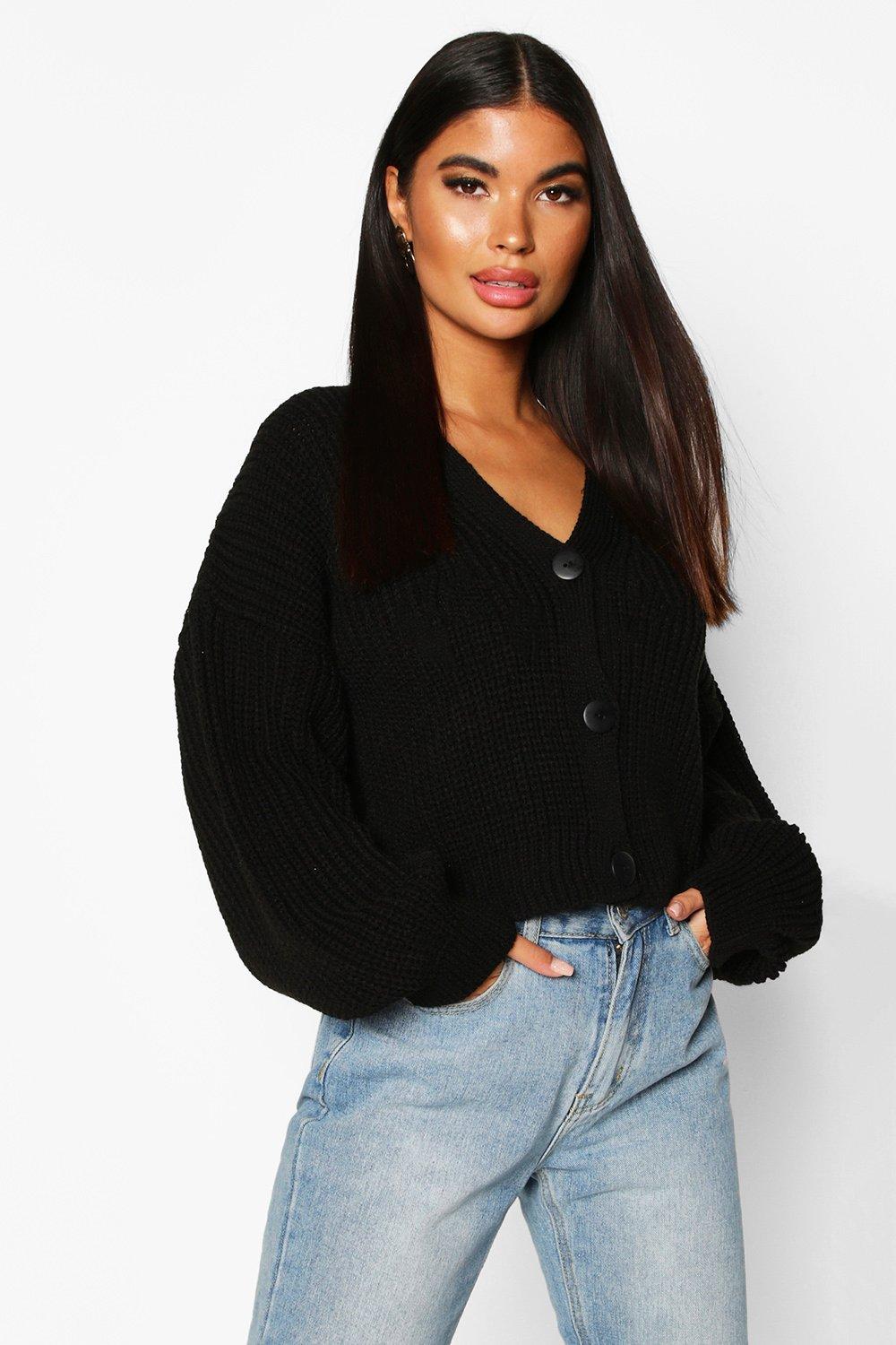 

Petite Balloon Sleeve Rib Knitted Cardigan, Black