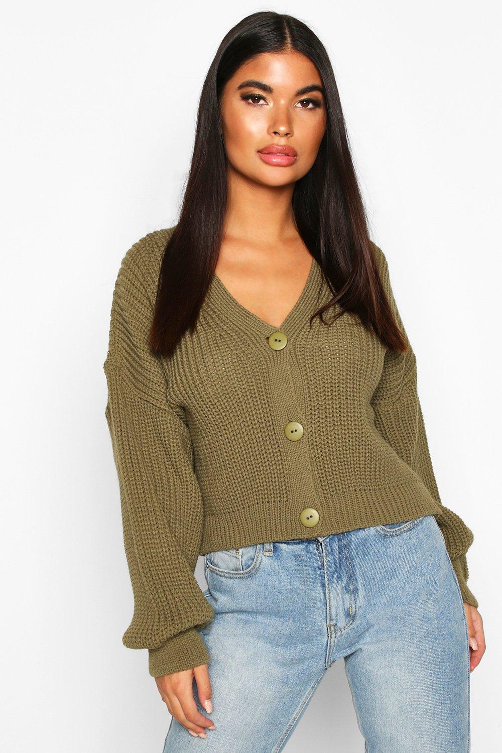 

Petite Balloon Sleeve Rib Knitted Cardigan, Khaki