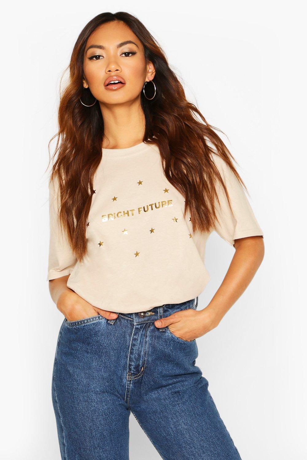 

Petite 'Bright Future' Foil Print Slogan T-Shirt, Stone