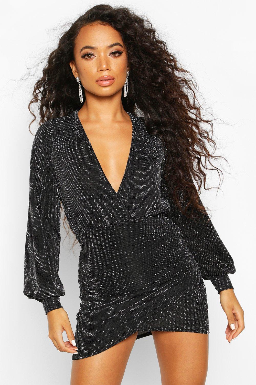 

Petite Volume Sleeve Wrap Glitter Mini Dress, Black