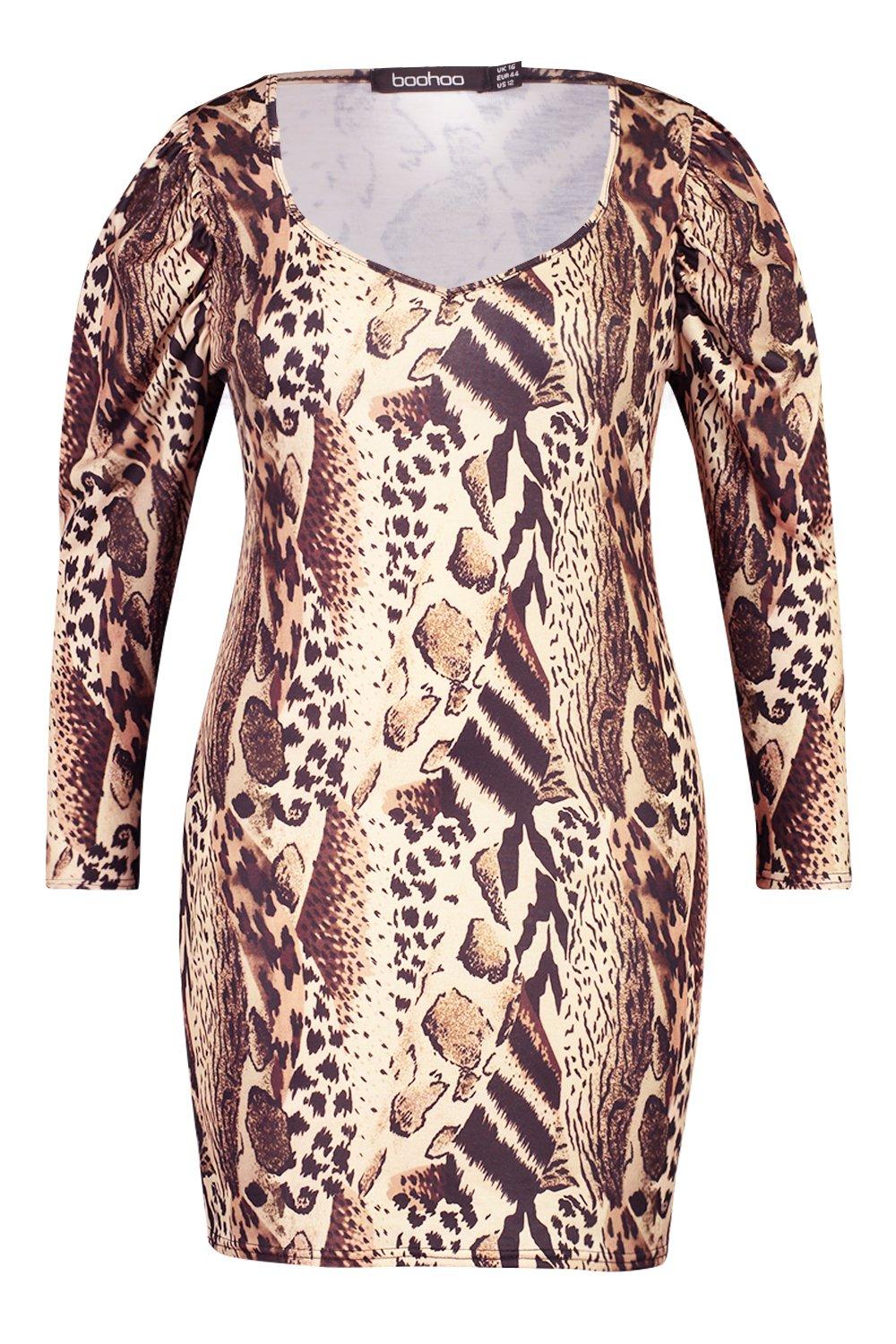 

Plus Leopard Print Puff Sleeve Plunge Bodycon Dress, Brown