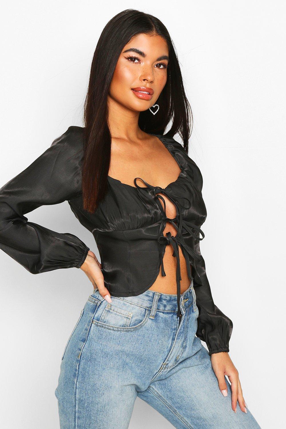 

Petite Corset Detail Long Sleeve Blouse, Black