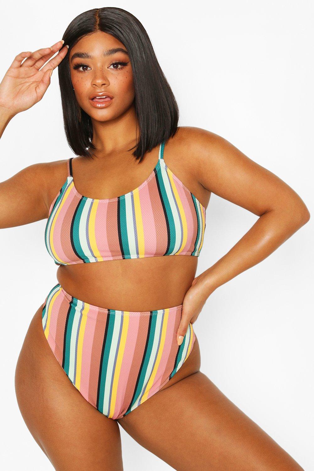 

Plus Seersucker Stripe High Waisted Crop Bikini, Chocolate