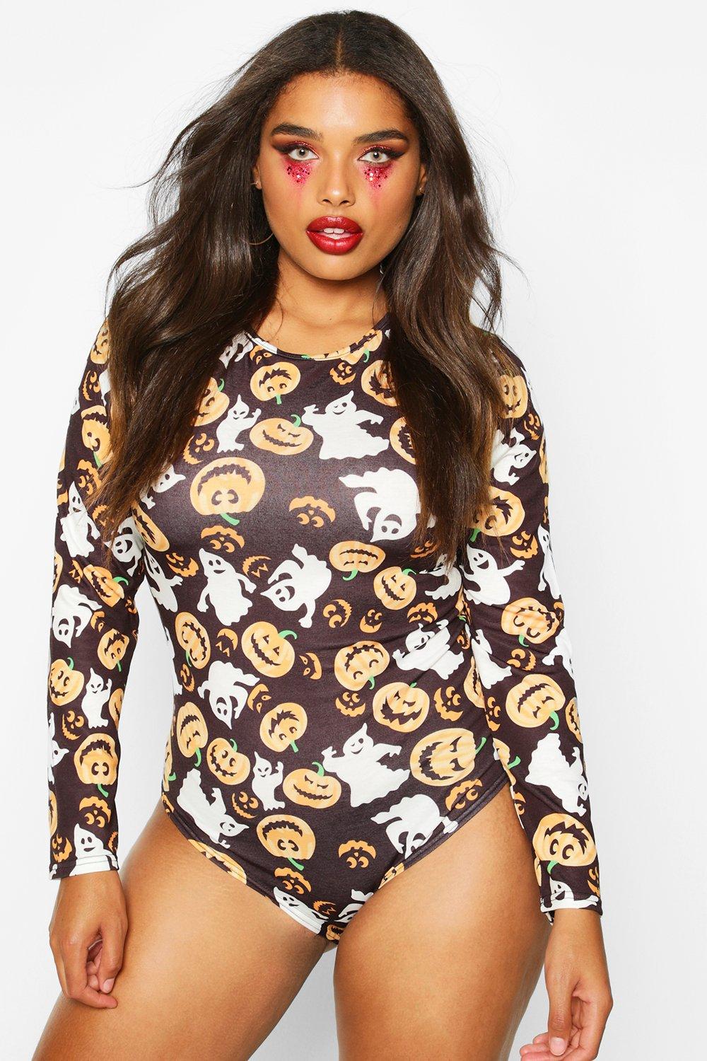 

Plus Pumpkin Print Long Sleeve Bodysuit, Black