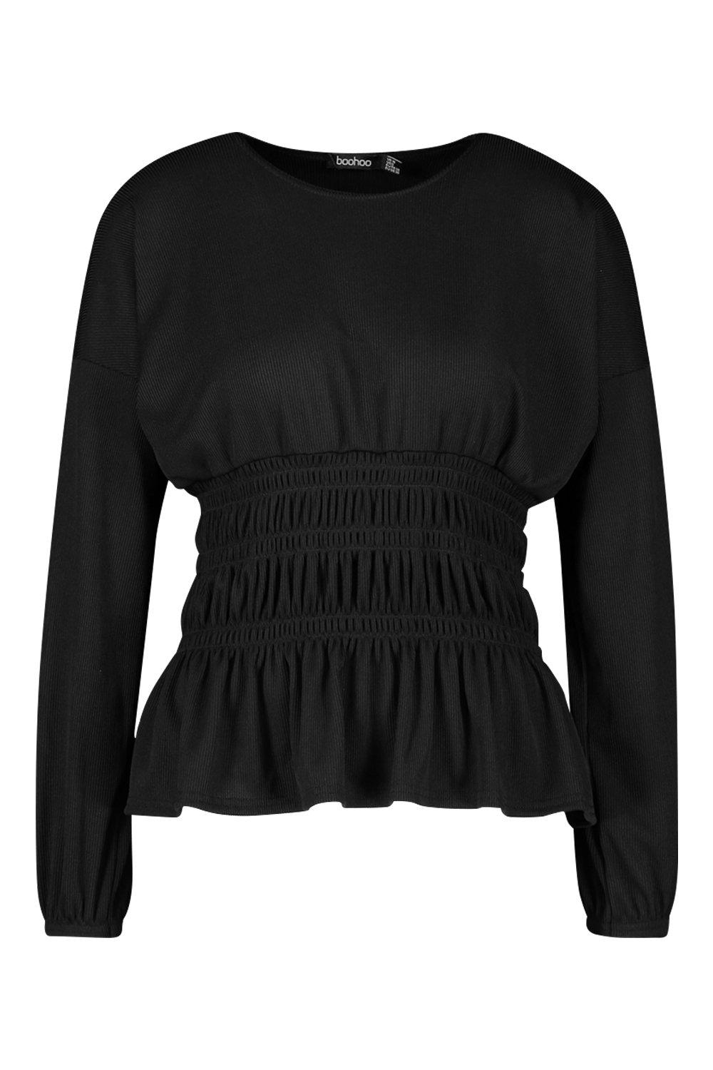 

Petite Ruched Detail Rib Volume Sleeve Top, Black