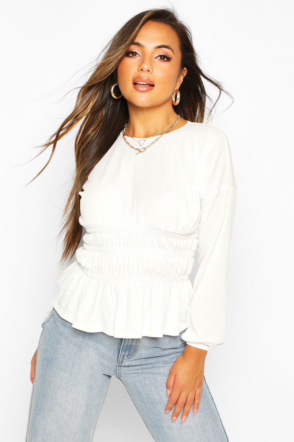 

Petite Ruched Detail Rib Volume Sleeve Top, Ivory