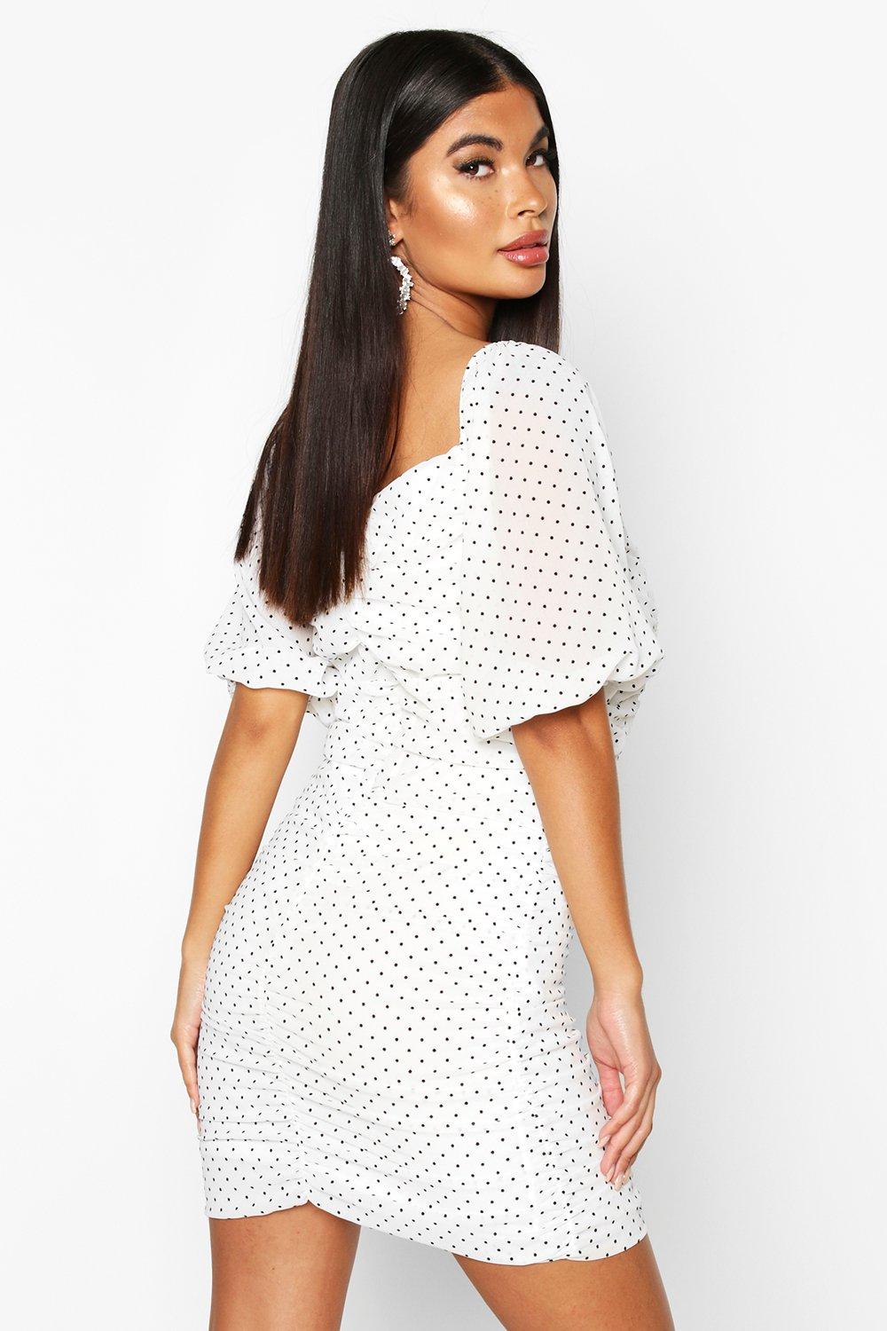 

Petite Flocked Polka Dot Ruched Mini Dress, White