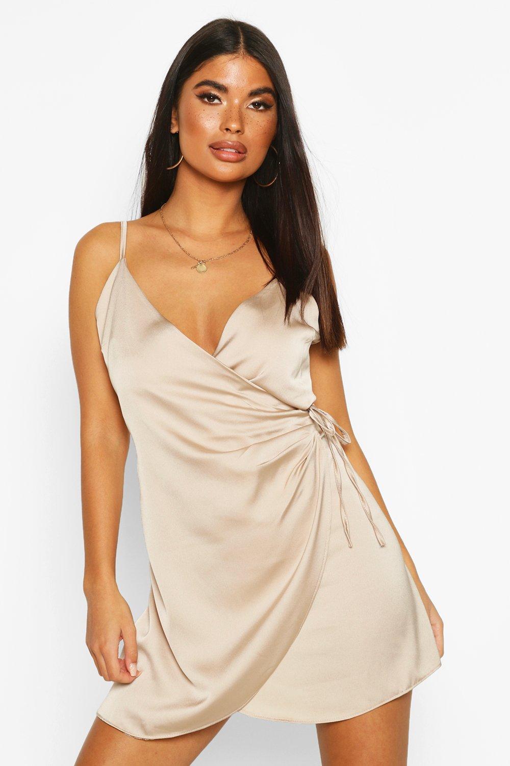 white satin wrap mini dress