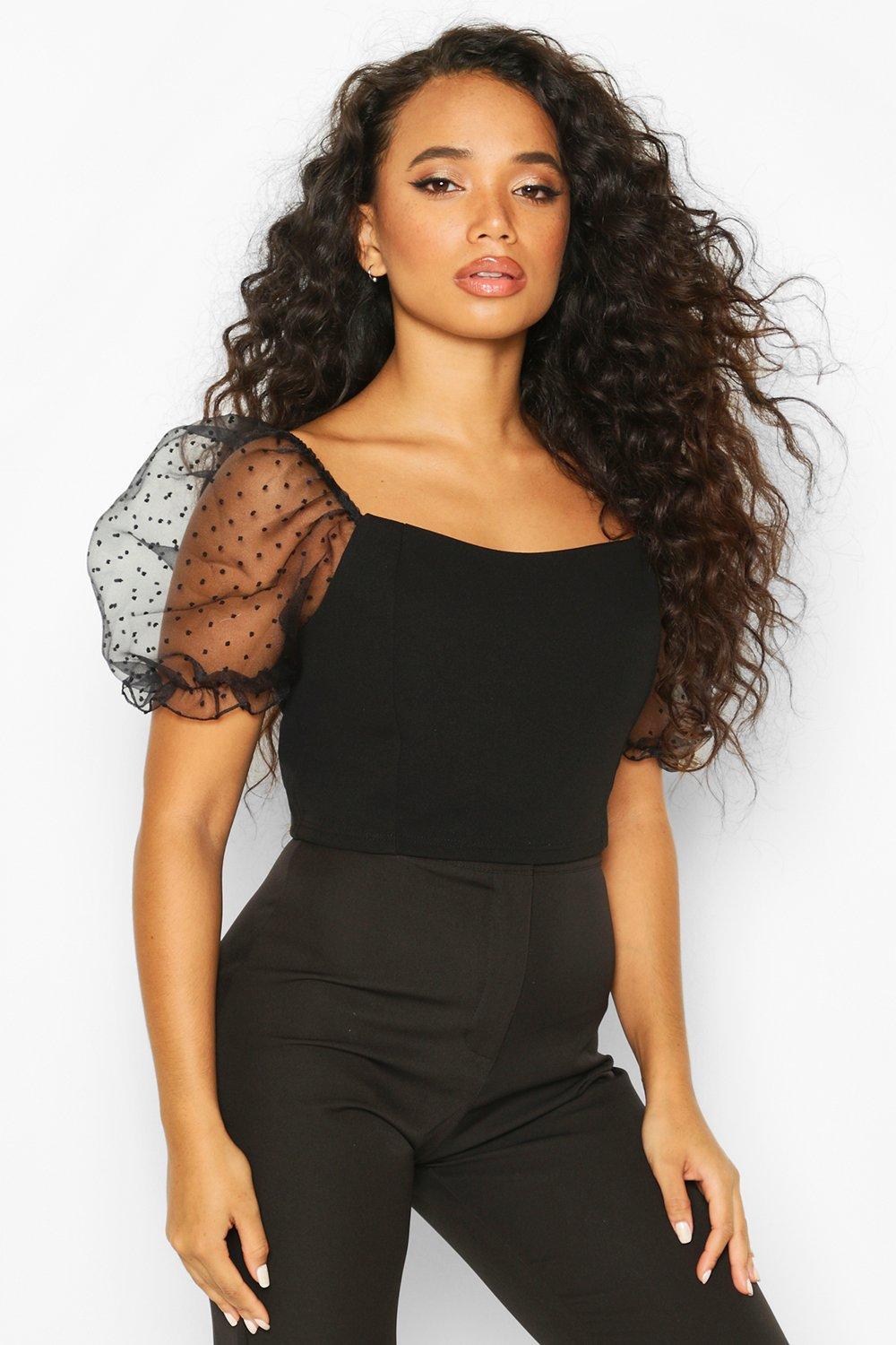 

Petite Dobby Mesh Square Neck Crop Top, Black