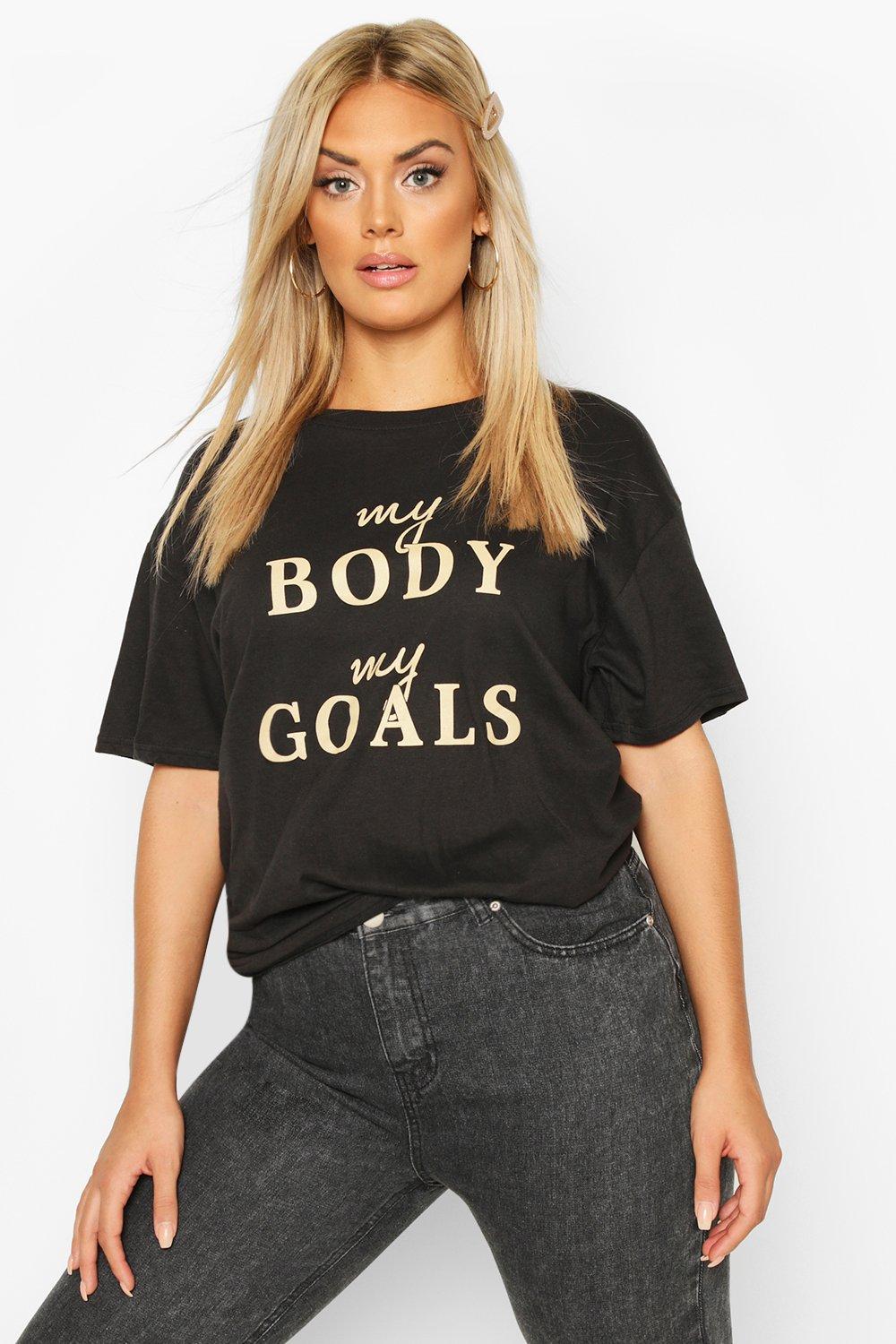 

Из коллекции «Плюс сайз» — Футболка со слоганом «Body Goals», Black
