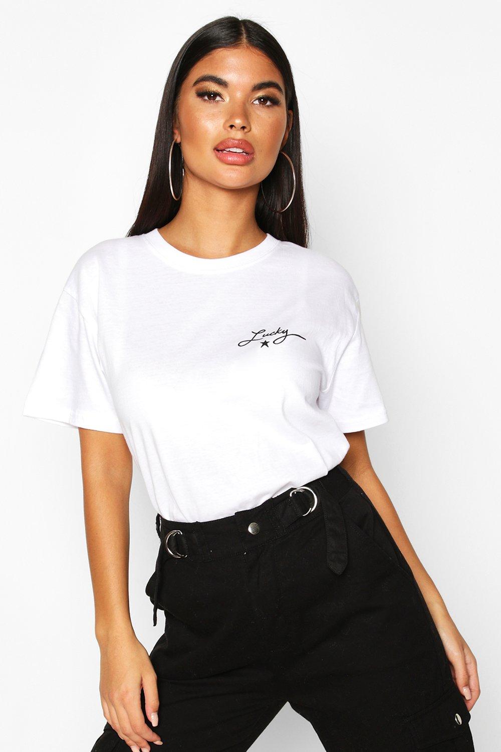 

Petite 'Lucky' Slogan T-Shirt, White