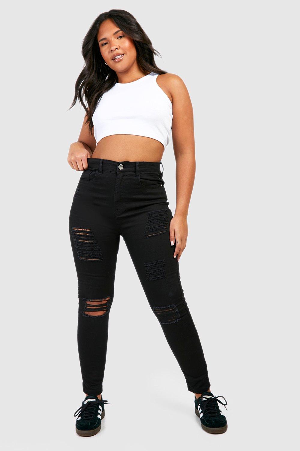 Boohoo Plus Skinny Jeans Met Versleten Knieën En Hoge Taille, Black