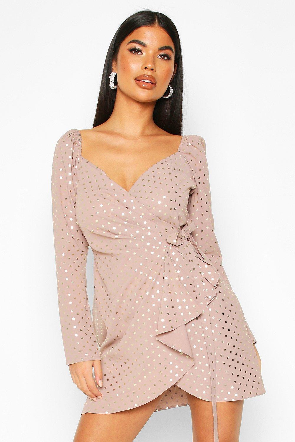 boohoo plus metallic spot wrap midi dress